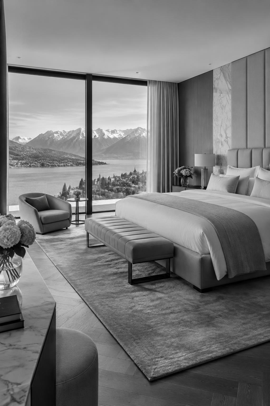 An exclusive boutique hotel suite overlooking a Swiss lake